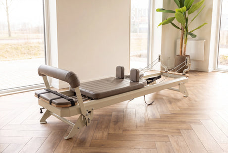 Hegren TALMA 62 Reformer mit Box und Jumpboard in hellem Raum mit Holzboden und Pflanze, Schrägansicht von hinten