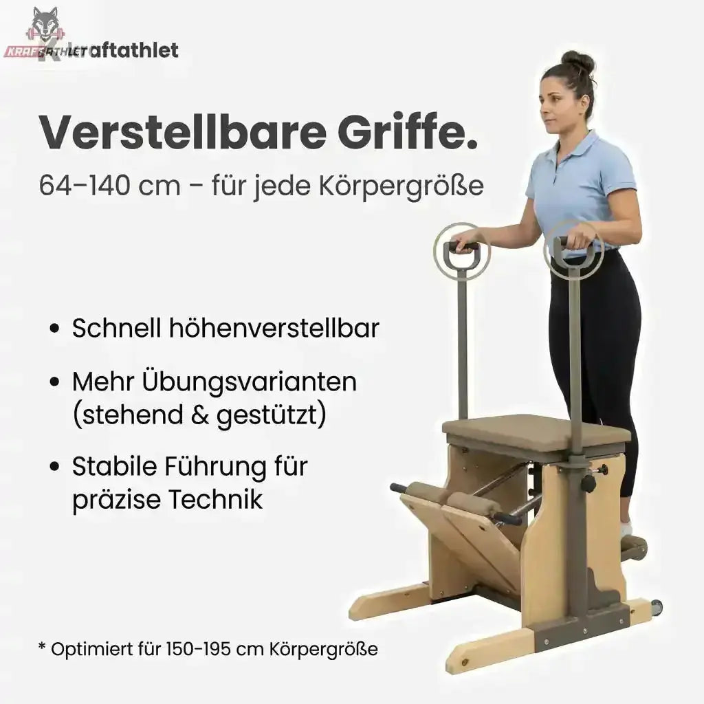 Hegren TALMA 62CH Pilates Chair – Grafik zu den verstellbaren Griffen mit stehender Frau