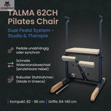 Hegren TALMA 62CH Pilates Chair – Grafik mit Produktansicht und Merkmalen auf dunklem Grund