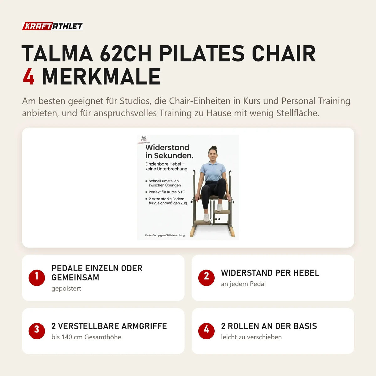 Hegren TALMA 62CH Pilates Chair mit 4 Merkmalen: Pedale einzeln oder gemeinsam, Widerstand per Hebel, 2 verstellbare Armgriffe, 2 Rollen an der Basis