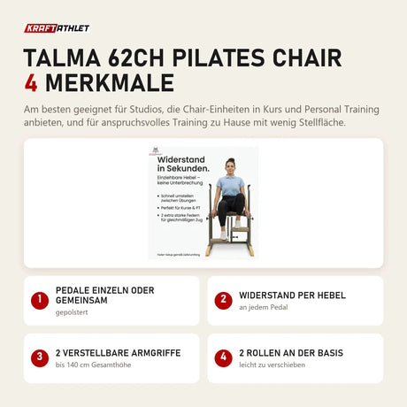 Hegren TALMA 62CH Pilates Chair mit 4 Merkmalen: Pedale einzeln oder gemeinsam, Widerstand per Hebel, 2 verstellbare Armgriffe, 2 Rollen an der Basis