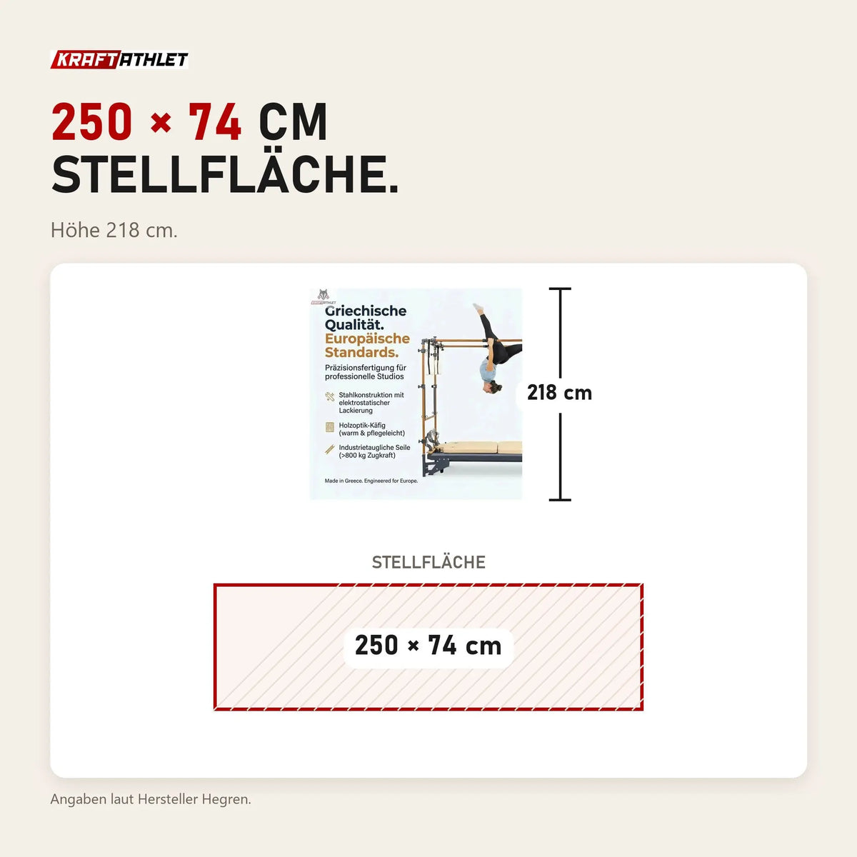 Maßbild Hegren TALMA 62CR Cadillac Reformer: Stellfläche 250 × 74 cm, Höhe 218 cm