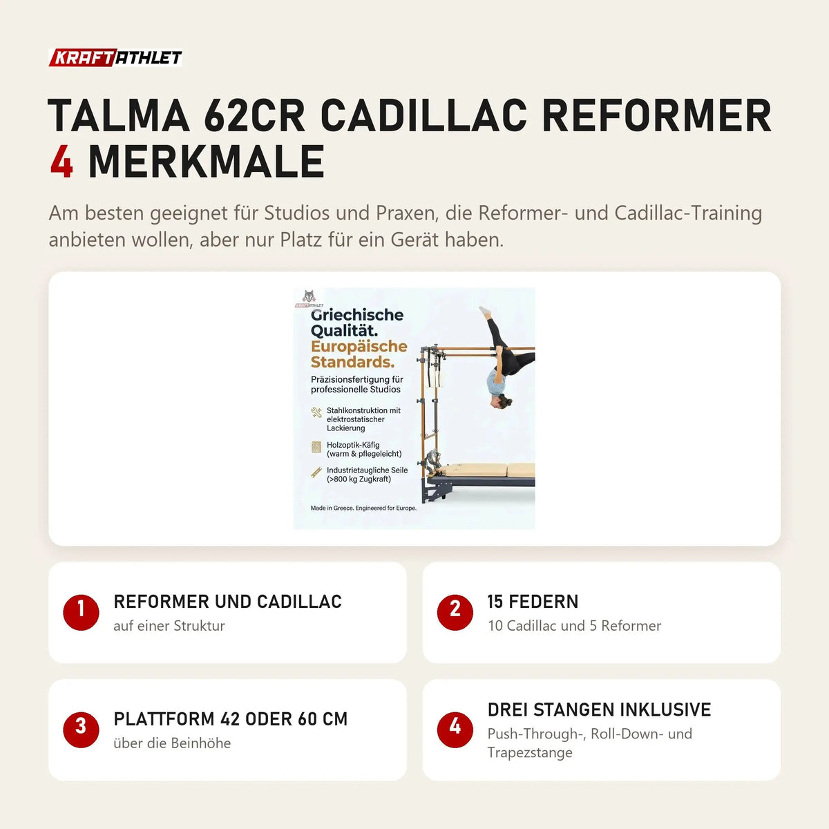 Hegren TALMA 62CR Cadillac Reformer mit 4 Merkmalen: Reformer und Cadillac, 15 Federn, Plattform 42 oder 60 cm, Drei Stangen inklusive