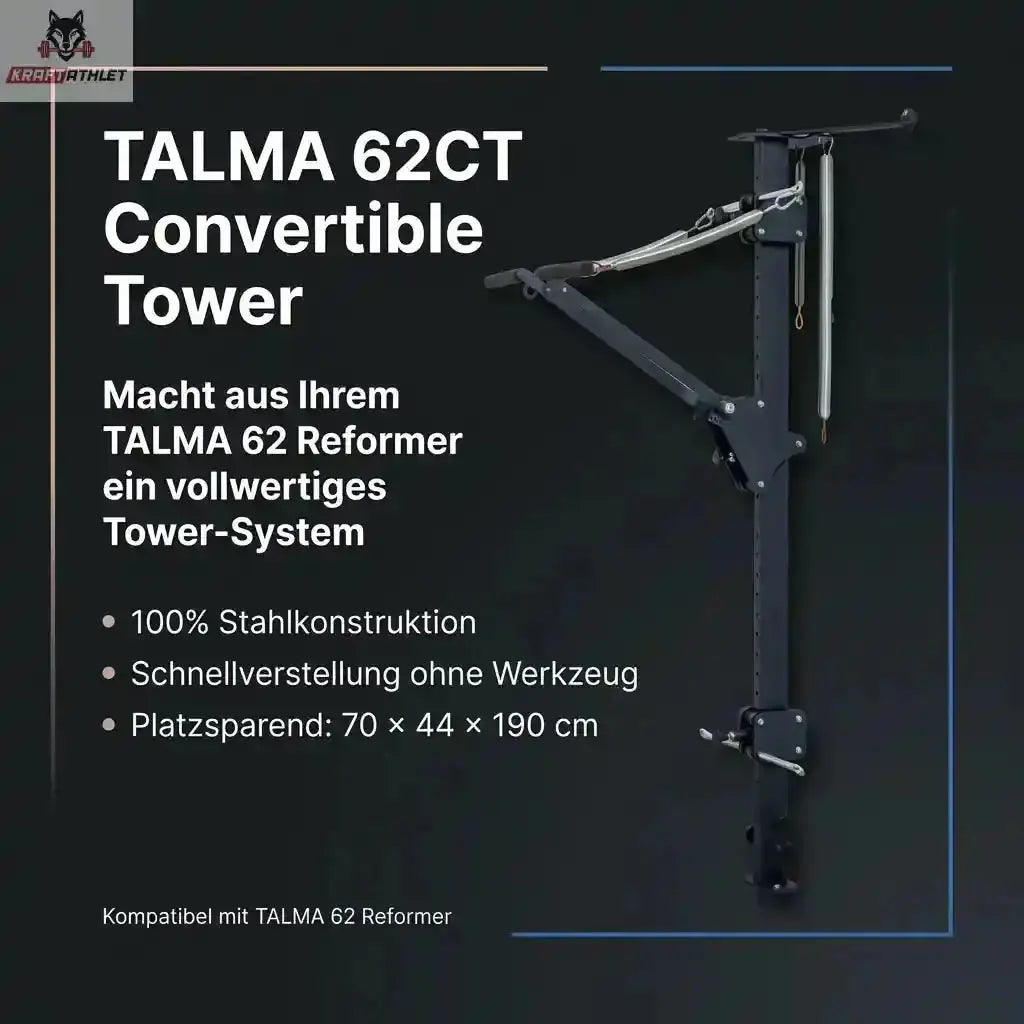 Hegren TALMA 62CT Convertible Tower: Grafik mit den Merkmalen des Towers auf dunklem Grund
