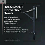 Hegren TALMA 62CT Convertible Tower: Grafik mit den Merkmalen des Towers auf dunklem Grund
