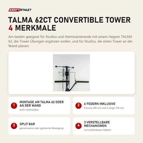 Hegren TALMA 62CT Convertible Tower mit 4 Merkmalen: Montage am TALMA 62 oder an der Wand, 6 Federn inklusive, Split Bar, 3 verstellbare Mechanismen