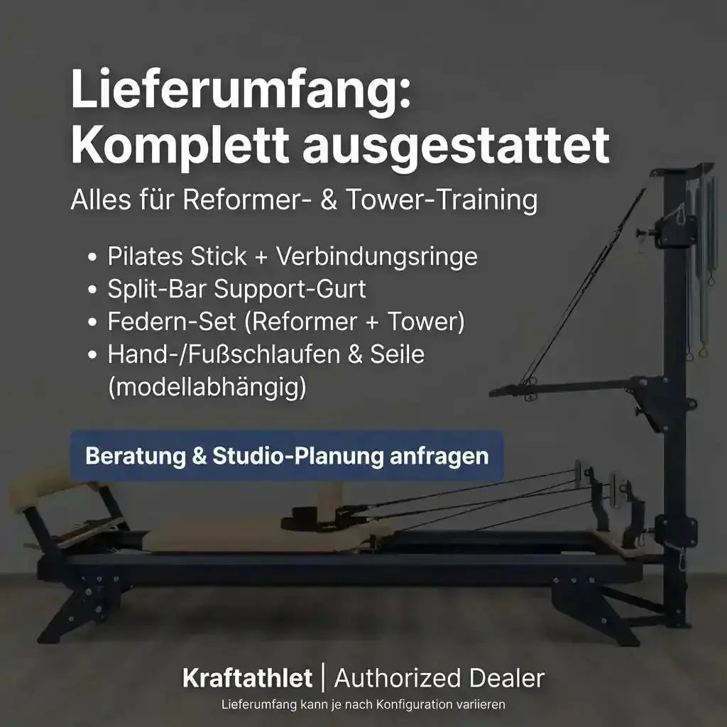 Hegren TALMA 62CT+ Reformer mit Tower, Grafik zum Lieferumfang mit Zubehör für Reformer und Tower
