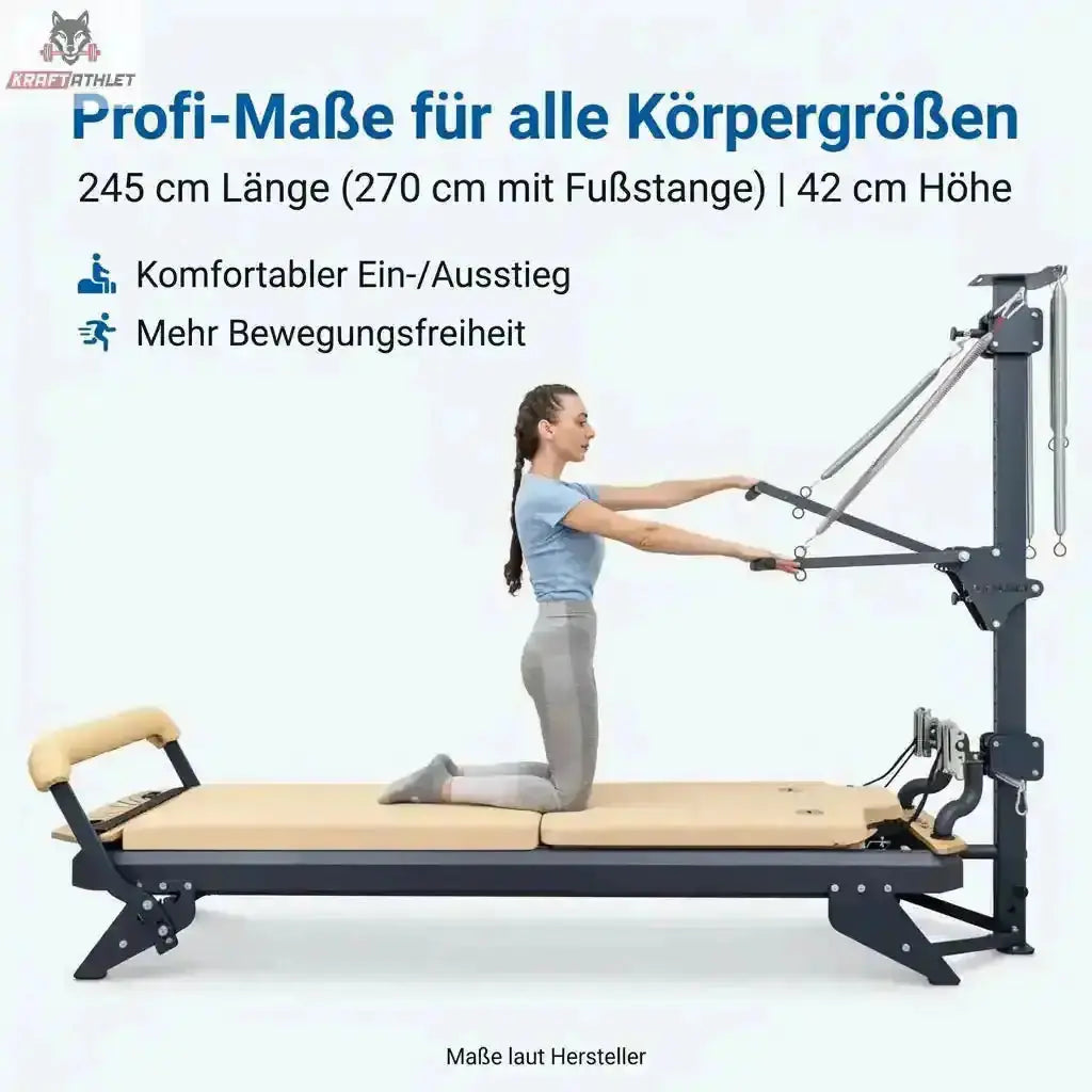 Hegren TALMA 62CT+ Reformer mit Tower, Grafik zu Maßen und Körpergrößen mit kniender Frau