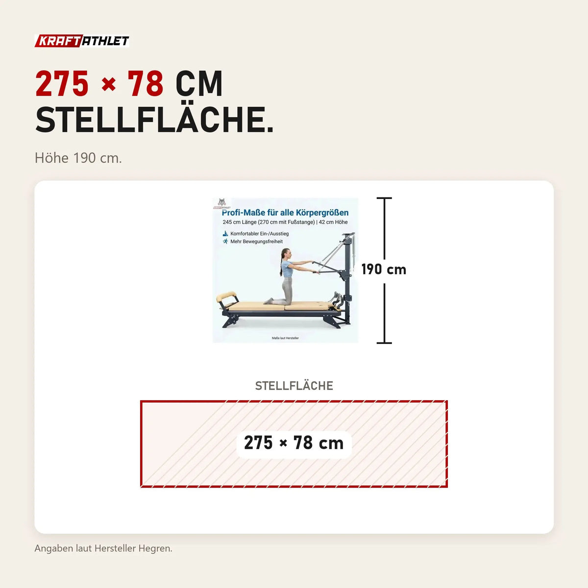 Maßbild Hegren TALMA 62CT+ Reformer mit Tower: Stellfläche 275 × 78 cm, Höhe 190 cm