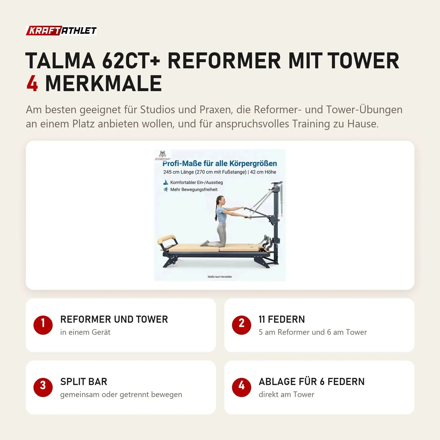 Hegren TALMA 62CT+ Reformer mit Tower mit 4 Merkmalen: Reformer und Tower, 11 Federn, Split Bar, Ablage für 6 Federn