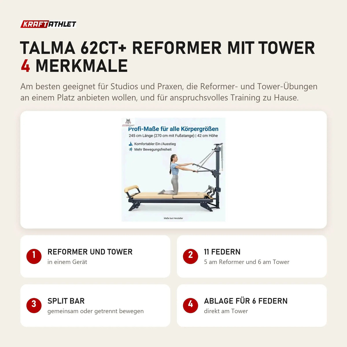 Hegren TALMA 62CT+ Reformer mit Tower mit 4 Merkmalen: Reformer und Tower, 11 Federn, Split Bar, Ablage für 6 Federn