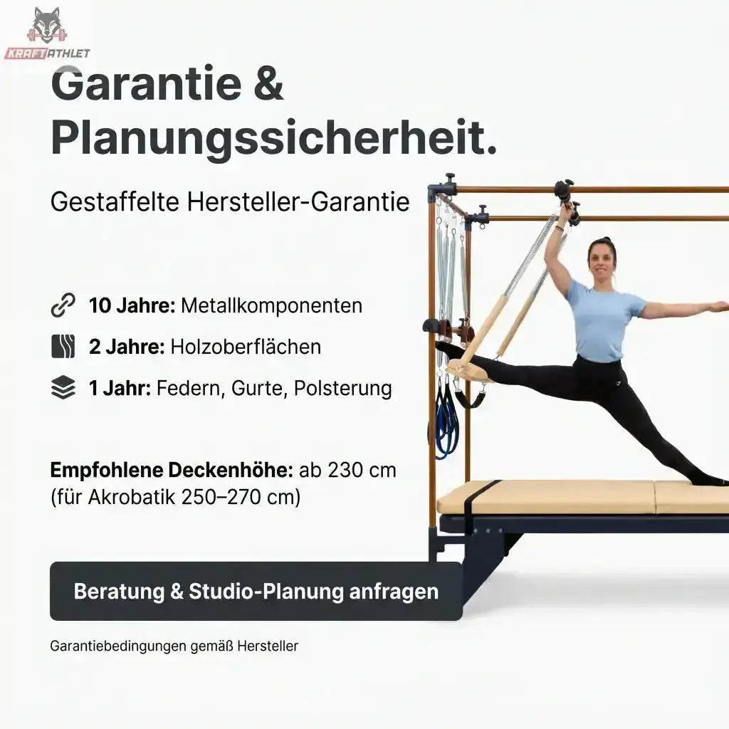 Hegren TALMA TRC Cadillac Trapeze, Grafik zur Planung mit Frau im Spagat und Hinweis zur Deckenhöhe