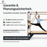 Hegren TALMA TRC Cadillac Trapeze, Grafik zur Planung mit Frau im Spagat und Hinweis zur Deckenhöhe