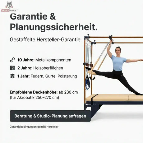 Hegren TALMA TRC Cadillac Trapeze, Grafik zur Planung mit Frau im Spagat und Hinweis zur Deckenhöhe
