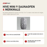 HUUM HIVE Mini 9 Saunaofen mit 4 Merkmalen: Bis zu 150 kg Saunasteine, 9 kW für Saunen von 8 bis 13 m³, Details aus Edelstahl, 750 mm hoch und 460 mm Durchmesser
