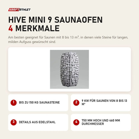 HUUM HIVE Mini 9 Saunaofen mit 4 Merkmalen: Bis zu 150 kg Saunasteine, 9 kW für Saunen von 8 bis 13 m³, Details aus Edelstahl, 750 mm hoch und 460 mm Durchmesser