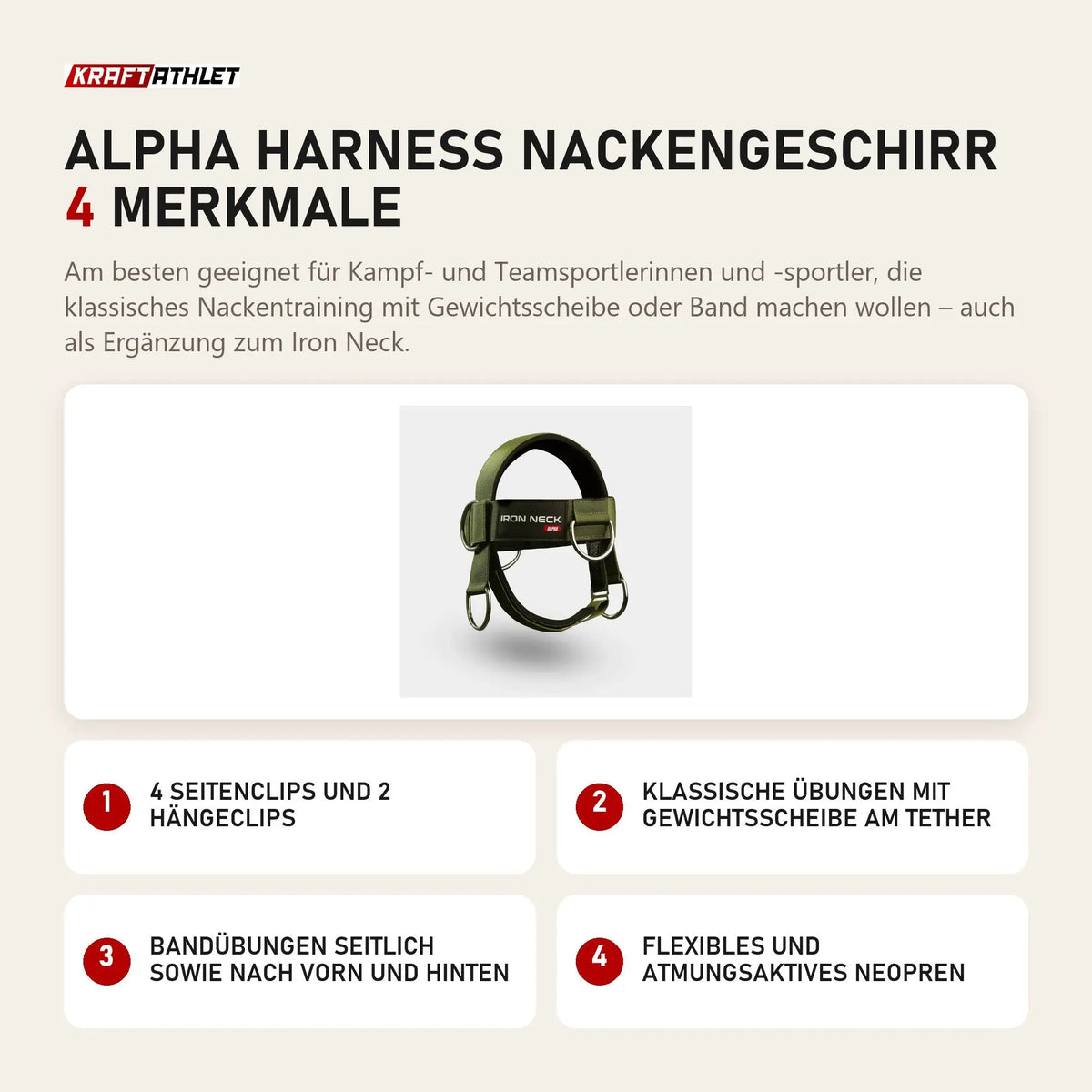 Iron Neck Alpha Harness Nackengeschirr mit 4 Merkmalen: 4 Seitenclips und 2 Hängeclips, Klassische Übungen mit Gewichtsscheibe am Tether, Bandübungen seitlich sowie nach vorn und hinten, Flexibles und atmungsaktives Neopren