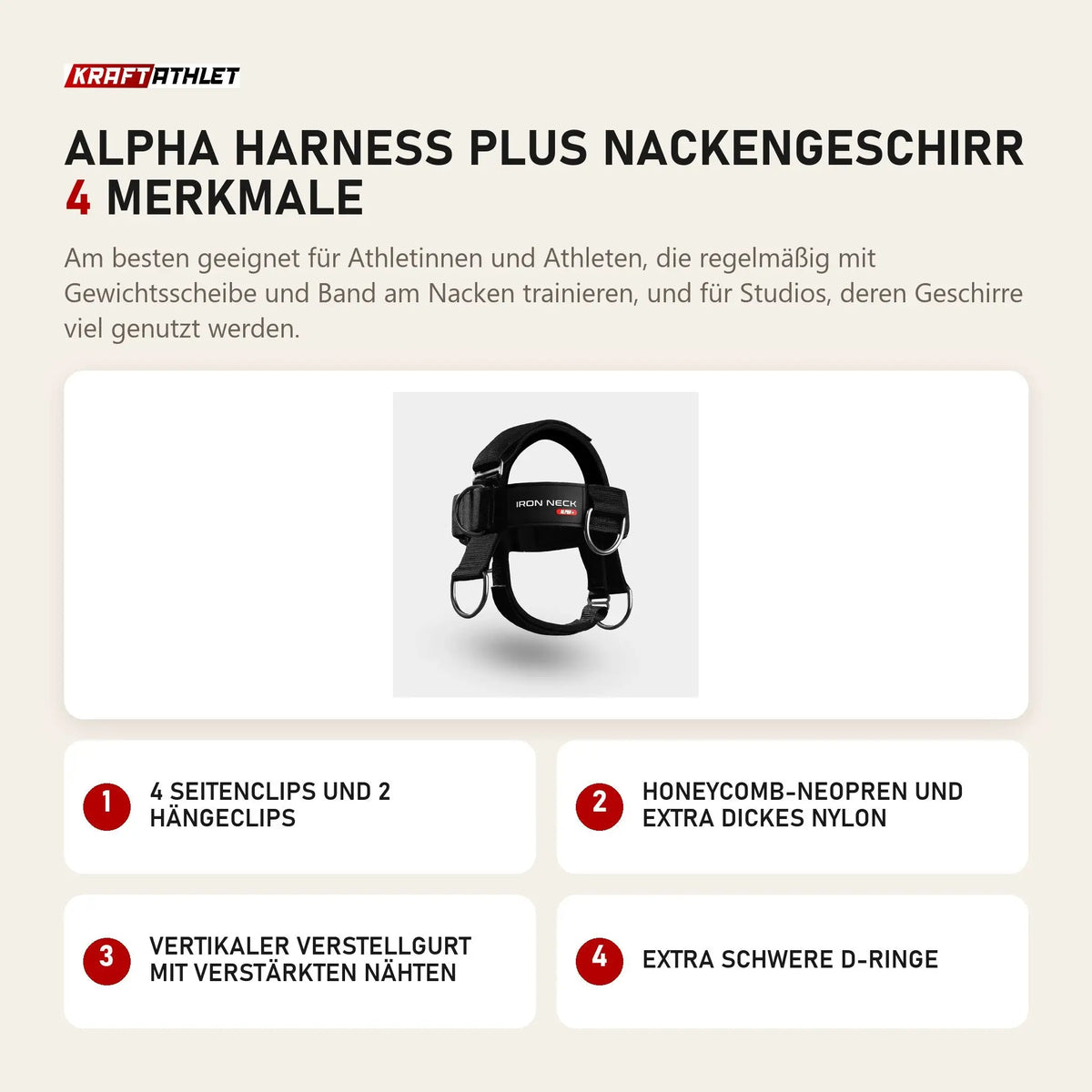 Iron Neck Alpha Harness Plus Nackengeschirr mit 4 Merkmalen: 4 Seitenclips und 2 Hängeclips, Honeycomb-Neopren und extra dickes Nylon, Vertikaler Verstellgurt mit verstärkten Nähten, Extra schwere D-Ringe