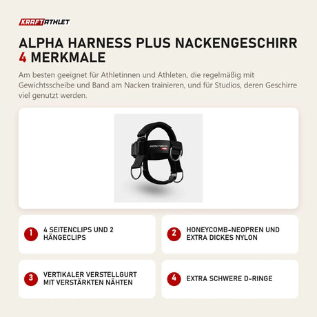 Iron Neck Alpha Harness Plus Nackengeschirr mit 4 Merkmalen: 4 Seitenclips und 2 Hängeclips, Honeycomb-Neopren und extra dickes Nylon, Vertikaler Verstellgurt mit verstärkten Nähten, Extra schwere D-Ringe