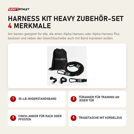 Iron Neck Harness Kit Heavy Zubehör-Set mit 4 Merkmalen: 35-lb-Widerstandsband, Türanker für Training an jeder Tür, Cinch-Anker für Rack oder Pfosten, Tragetasche mit Kordelzug