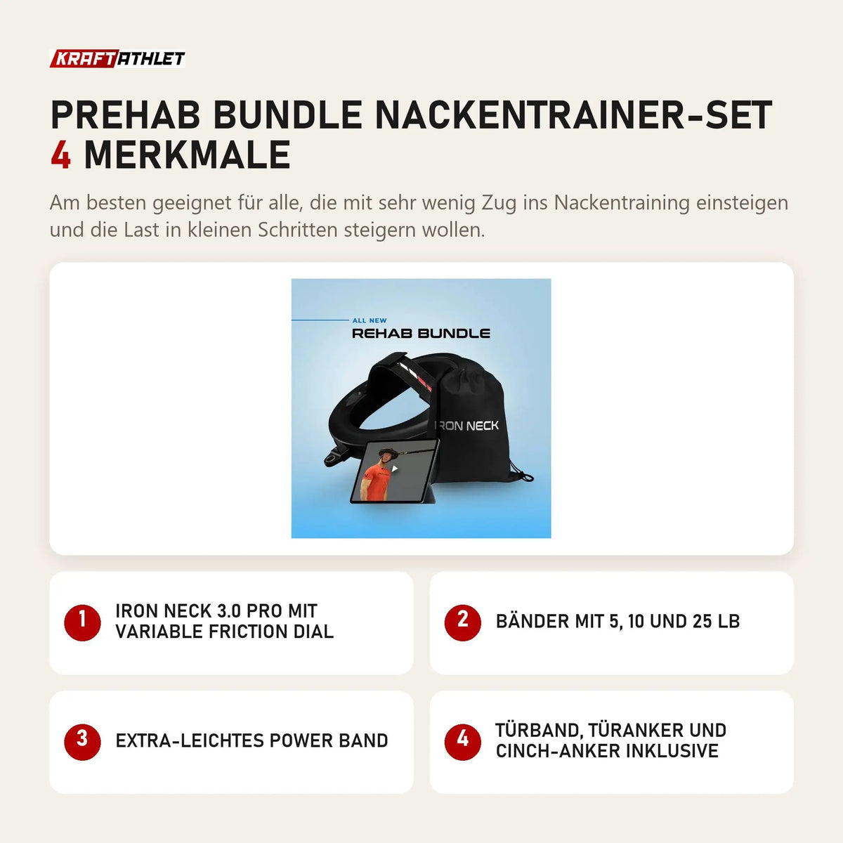 Iron Neck Prehab Bundle Nackentrainer-Set mit 4 Merkmalen: 3.0 Pro mit Variable Friction Dial, Bänder mit 5, 10 und 25 lb, Extra-leichtes Power Band, Türband, Türanker und Cinch-Anker inklusive