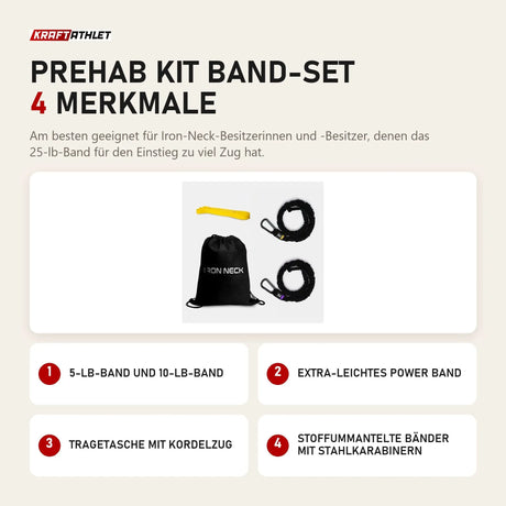 Iron Neck Prehab Kit Band-Set mit 4 Merkmalen: 5-lb-Band und 10-lb-Band, Extra-leichtes Power Band, Tragetasche mit Kordelzug, Stoffummantelte Bänder mit Stahlkarabinern
