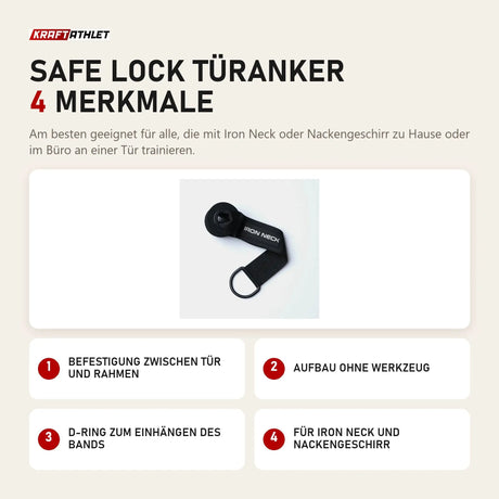 Iron Neck Safe Lock Türanker mit 4 Merkmalen: Befestigung zwischen Tür und Rahmen, Aufbau ohne Werkzeug, D-Ring zum Einhängen des Bands, Passend zum Nackengeschirr