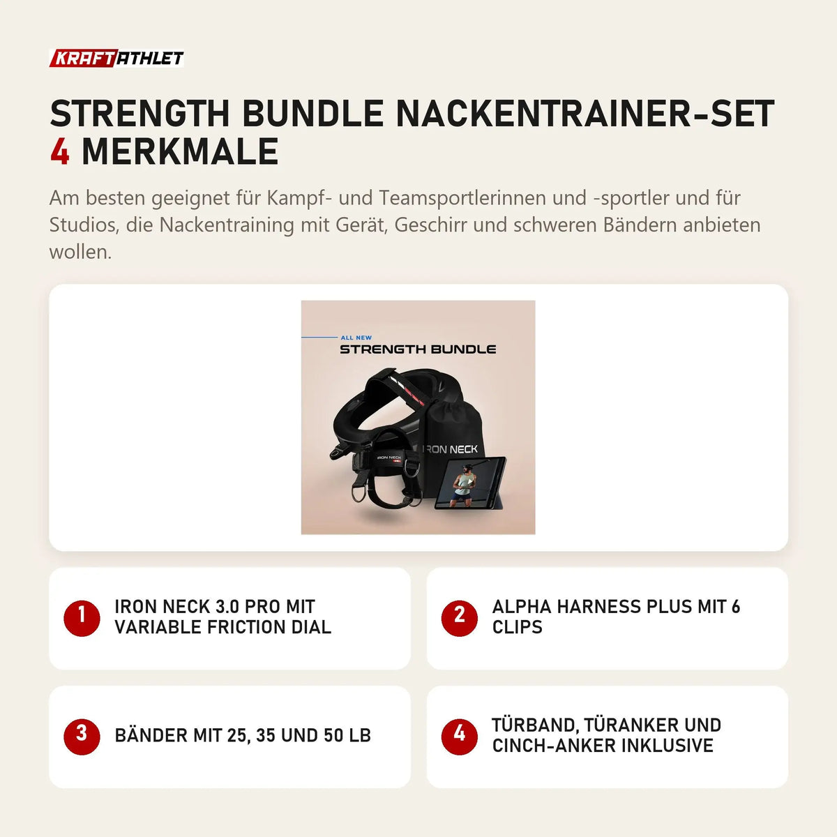 Iron Neck Strength Bundle Nackentrainer-Set mit 4 Merkmalen: 3.0 Pro mit Variable Friction Dial, Alpha Harness Plus mit 6 Clips, Bänder mit 25, 35 und 50 lb, Türband, Türanker und Cinch-Anker inklusive