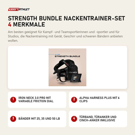 Iron Neck Strength Bundle Nackentrainer-Set mit 4 Merkmalen: 3.0 Pro mit Variable Friction Dial, Alpha Harness Plus mit 6 Clips, Bänder mit 25, 35 und 50 lb, Türband, Türanker und Cinch-Anker inklusive