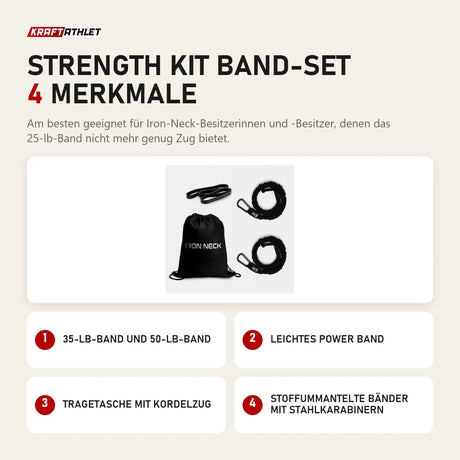 Iron Neck Strength Kit Band-Set mit 4 Merkmalen: 35-lb-Band und 50-lb-Band, Leichtes Power Band, Tragetasche mit Kordelzug, Stoffummantelte Bänder mit Stahlkarabinern