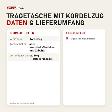 Technische Daten und Lieferumfang von Iron Neck Tragetasche mit Kordelzug als Tabelle