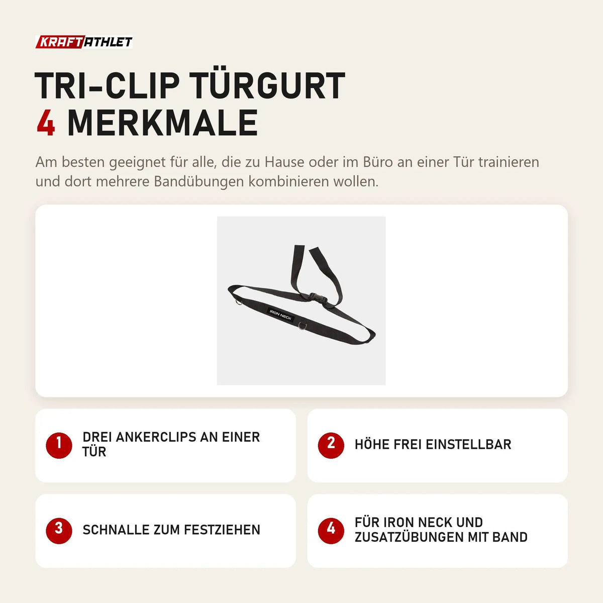 Iron Neck Tri-Clip Türgurt mit 4 Merkmalen: Drei Ankerclips an einer Tür, Höhe frei einstellbar, Schnalle zum Festziehen, Fürs Nackengerät und Zusatzübungen mit Band