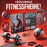 Kraftathlet Gift Card: Red graphic featuring a map, dumbbells, kettlebells, and weight plates