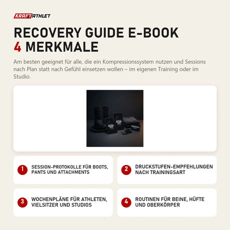 Kraftathlet Recovery Guide E-Book mit 4 Merkmalen: Session-Protokolle für Boots, Pants und Attachments, Druckstufen-Empfehlungen nach Trainingsart, Wochenpläne für Athleten, Vielsitzer und Studios, Routinen für Beine, Hüfte und Oberkörper