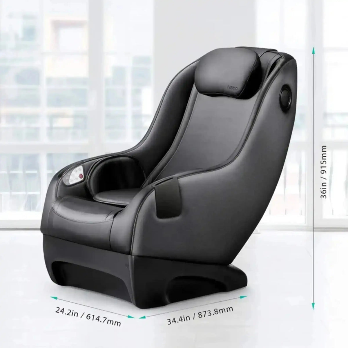 NAIPO Model A SpaceSaver A150 Massagesessel, Seitenansicht mit eingezeichneten Maßen