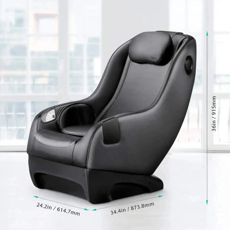 NAIPO Model A SpaceSaver A150 Massagesessel, Seitenansicht mit eingezeichneten Maßen