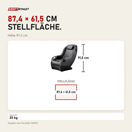 Maßbild NAIPO Model A SpaceSaver A150 Massagesessel: Stellfläche 87,4 × 61,5 cm, Höhe 91,5 cm