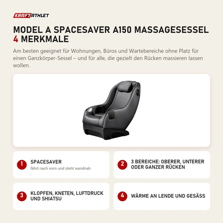 NAIPO Model A SpaceSaver A150 Massagesessel mit 4 Merkmalen: SpaceSaver, 3 Bereiche: oberer, unterer oder ganzer Rücken, Klopfen, Kneten, Luftdruck und Shiatsu, Wärme an Lende und Gesäß