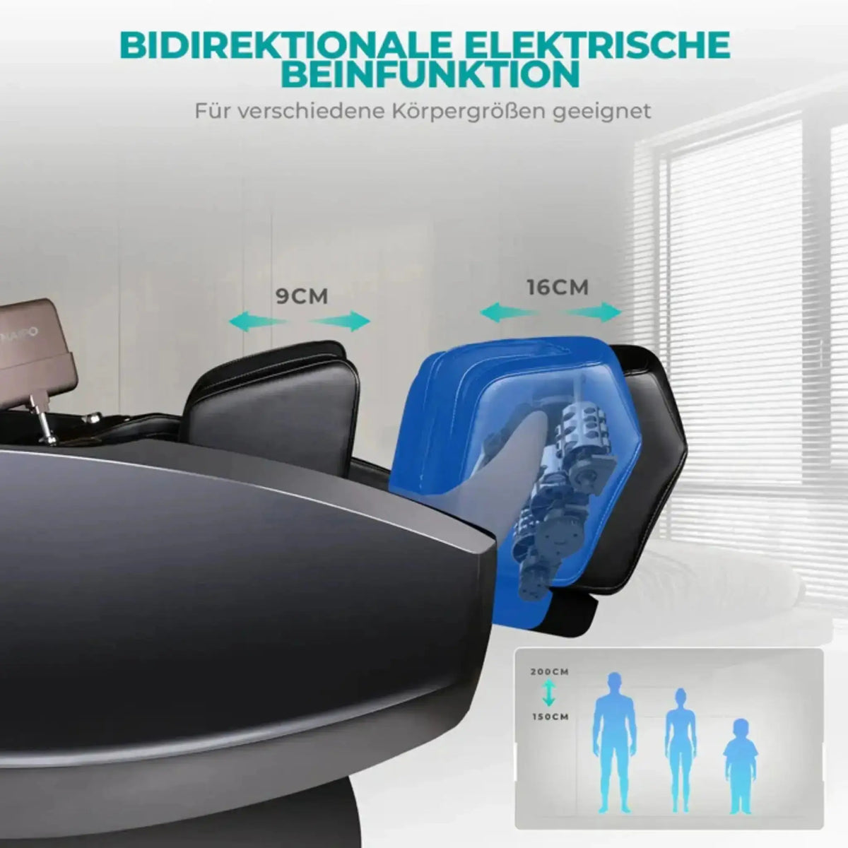 NAIPO Model L Space Capsule Massagesessel, Grafik zur elektrischen Beinverlängerung