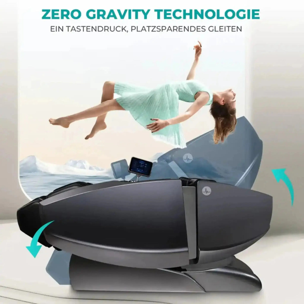 NAIPO Model L Space Capsule Massagesessel, Grafik zur Liegeposition mit schwebender Person