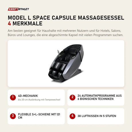 NAIPO Model L Space Capsule Massagesessel mit 4 Merkmalen: 4D-Mechanik, 24 Automatikprogramme aus 6 bionischen Techniken, Flexible S+L-Schiene mit 121 cm, 38 Luftkissen in 5 Stufen