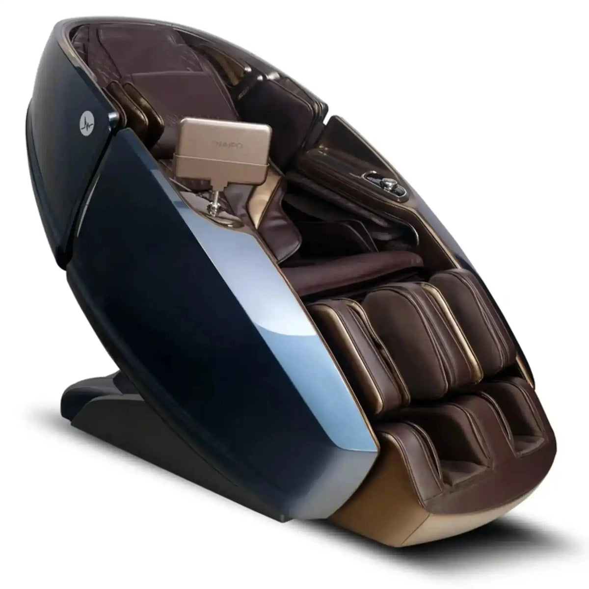 NAIPO Model L Space Capsule Massagesessel, Seitenansicht in Braun und Schwarz