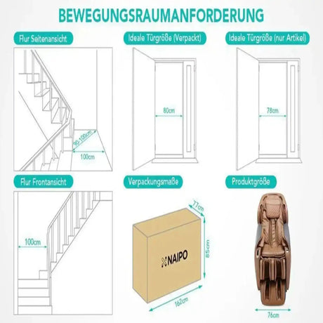 NAIPO Model P A350 Massagesessel mit Aufstellmaßen für Türen, Treppen und Verpackung