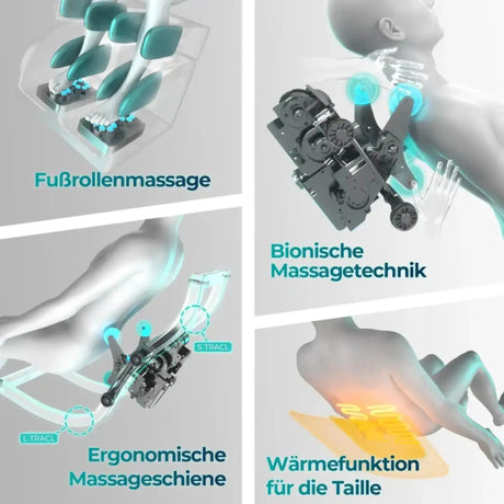 NAIPO Model P A350 Massagesessel mit Detailbildern zu Fußrollen, Schiene und Wärmefunktion