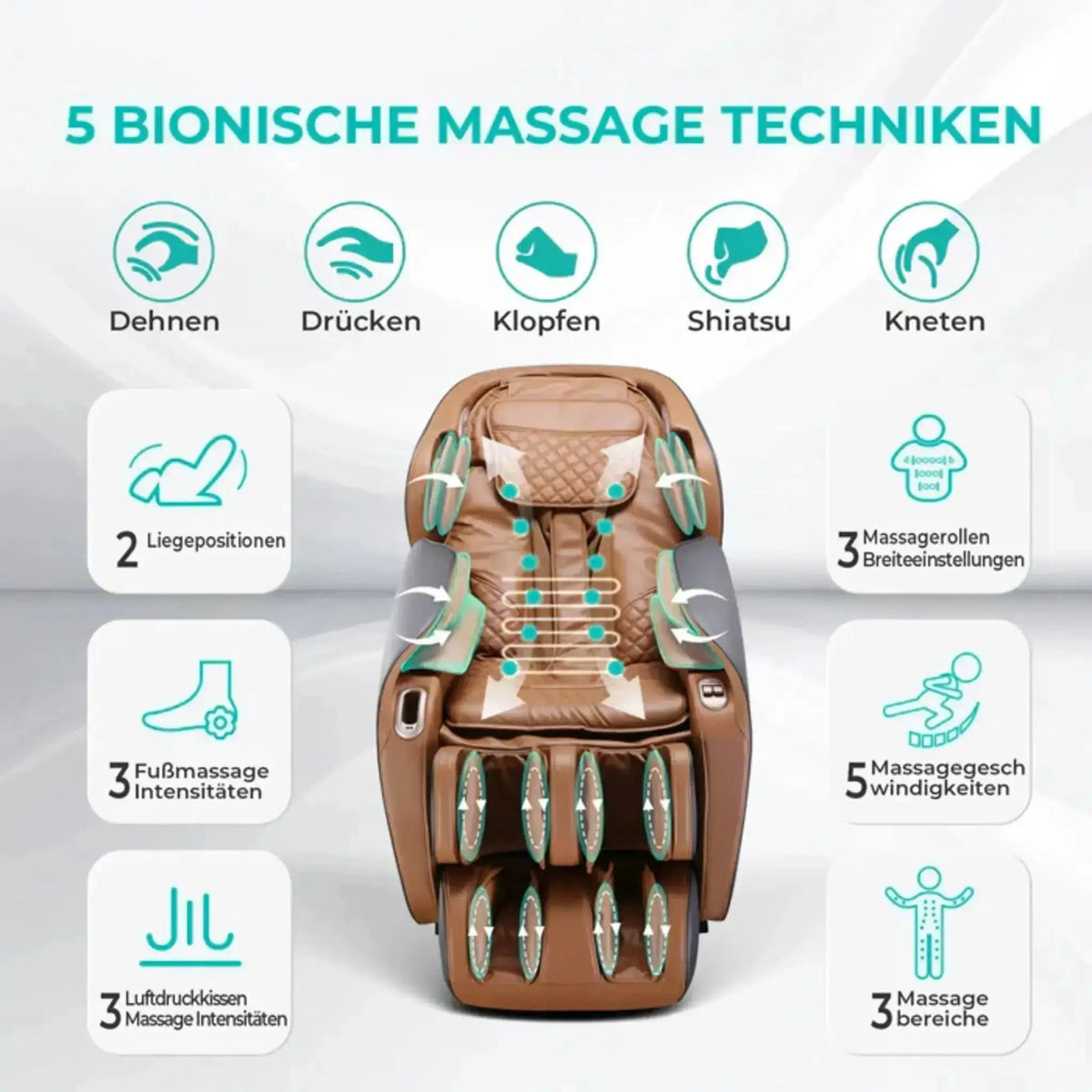 NAIPO Model P A350 Massagesessel mit Übersicht der Massagetechniken