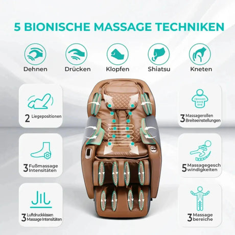 NAIPO Model P A350 Massagesessel mit Übersicht der Massagetechniken
