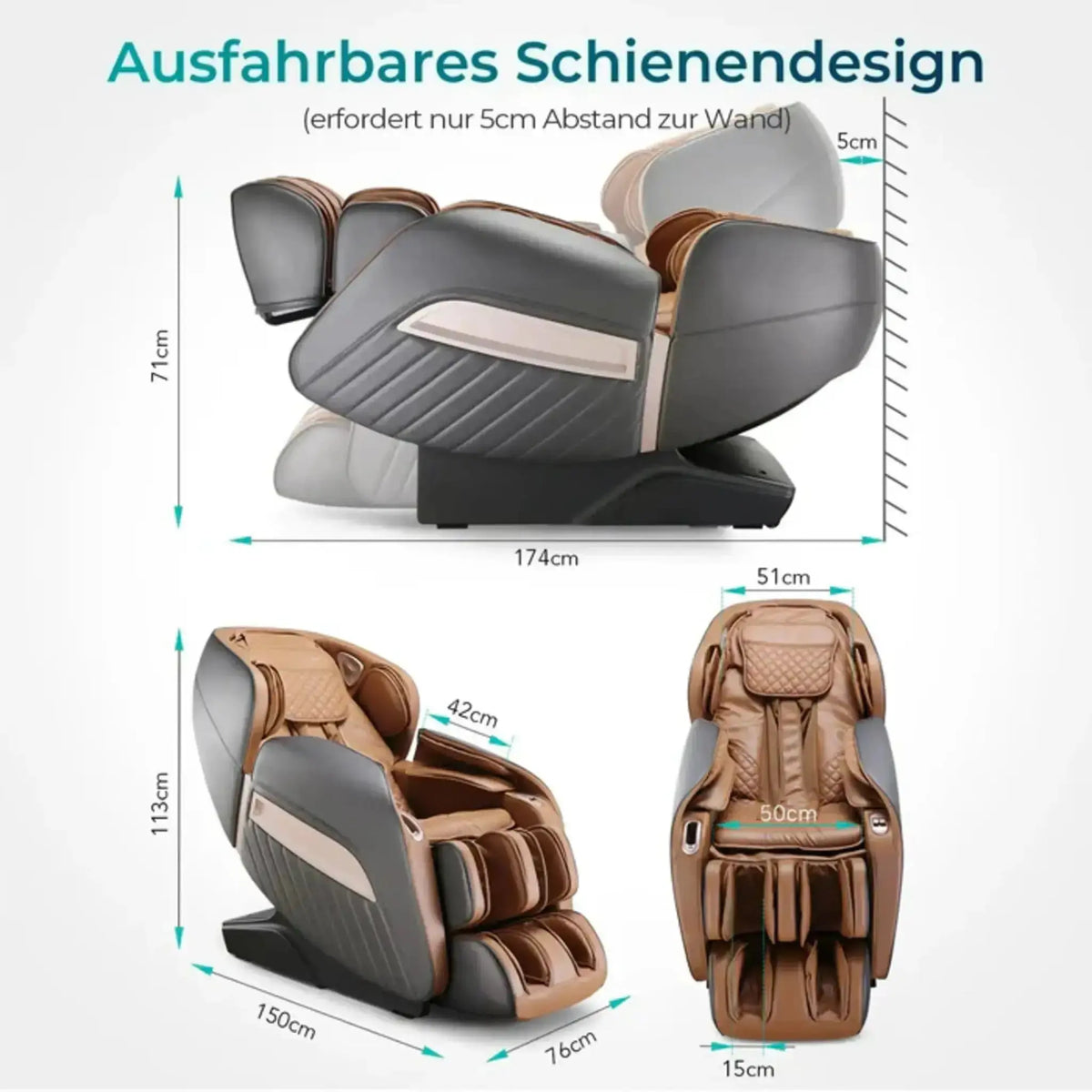 NAIPO Model P A350 Massagesessel mit Maßangaben und platzsparendem Schienendesign