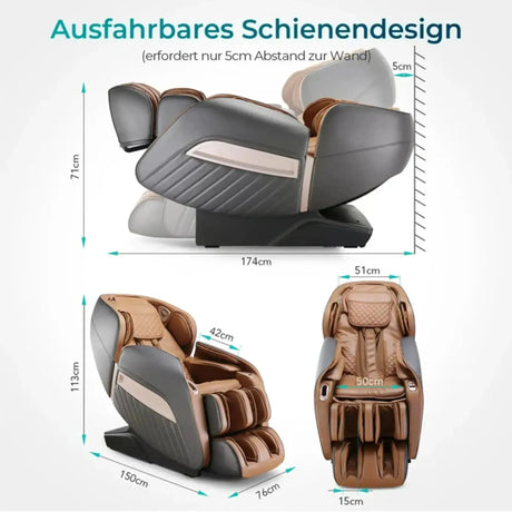 NAIPO Model P A350 Massagesessel mit Maßangaben und platzsparendem Schienendesign