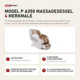 NAIPO Model P A350 Massagesessel mit 4 Merkmalen: Kapselform, 11 wählbare Schulterpunkte, Körperscan misst vor dem Start die Rückenlänge, 12 Automatikprogramme und alle Werte einzeln einstellbar