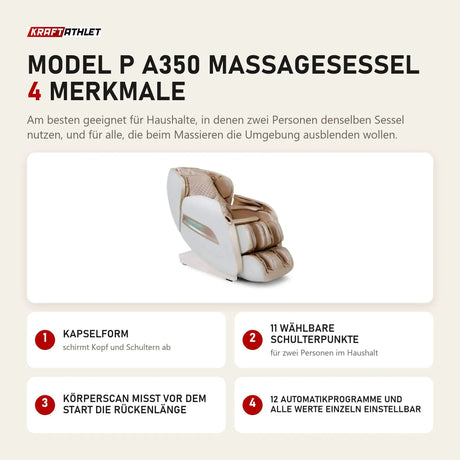 NAIPO Model P A350 Massagesessel mit 4 Merkmalen: Kapselform, 11 wählbare Schulterpunkte, Körperscan misst vor dem Start die Rückenlänge, 12 Automatikprogramme und alle Werte einzeln einstellbar
